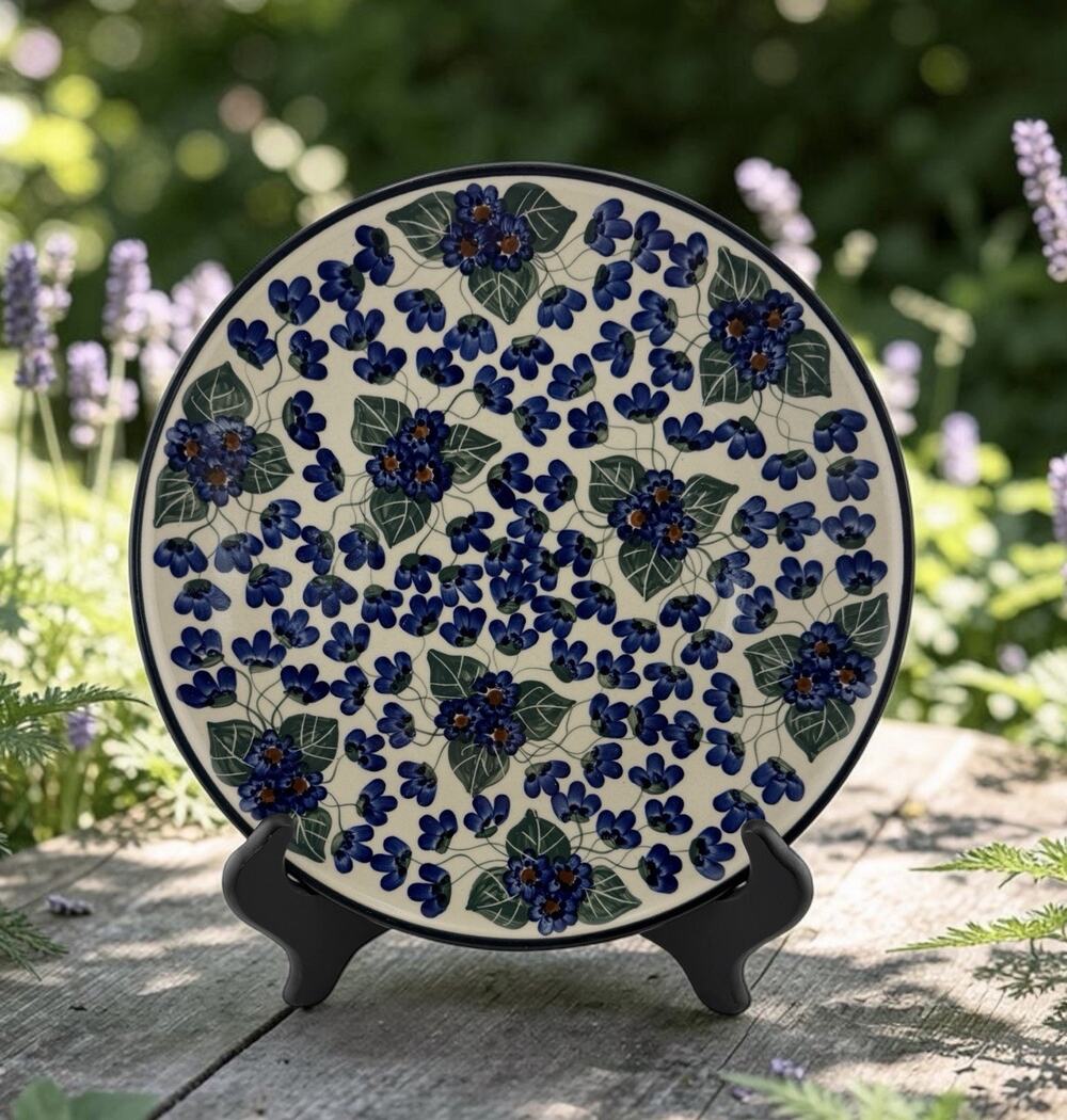 Unikat "Royal Vine" Polish Pottery Plate 9.5" Wide Hand Painted Blue Floral